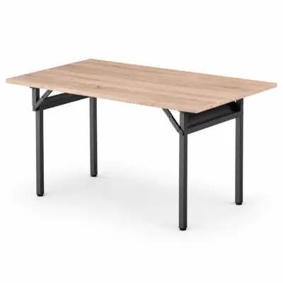 Banketttisch H-500 mit heller Holzdekor-Tischplatte und stabilem schwarzem Klappgestell in Schrägansicht.