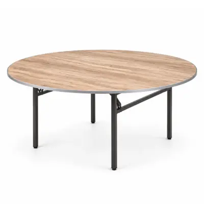 Runder Banketttisch EC-HK mit heller Holzoptik, schwarzem Metallgestell und klappbarer Konstruktion