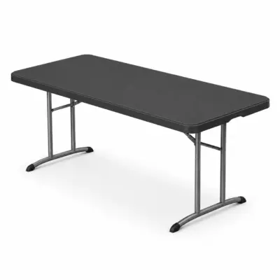 Catering-Klapptisch 81168 Magnetic mit schwarzer Tischplatte, stabilem Metallgestell und klappbarer Konstruktion in Schrägansicht.