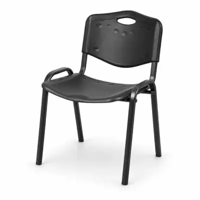 Konferenzstuhl ISO PLAST Schwarz mit schwarzer Kunststoffsitzfläche, schwarzer Rückenlehne und stabilem schwarzem Metallgestell in Schrägansicht.