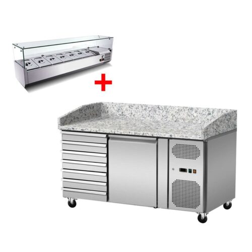 Pizza Kühltisch, Granit rosa-grau, 1 Tür, 7 ungek. Schubladen, 151 x 80 Kühlaufsatz GN1/3 mit Glas – Bild 1