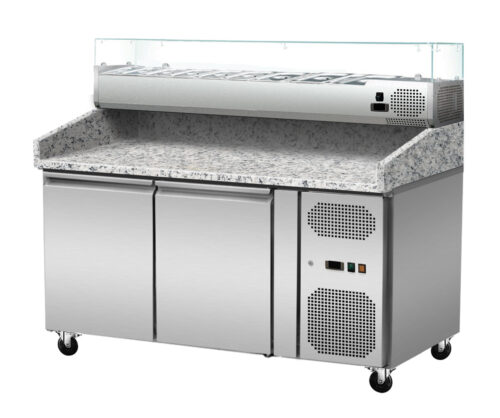 Pizza Kühltisch, Granit rosa-grau, 2 Türen, 151 x 80 Kühlaufsatz GN1/4 mit Glas – Bild 9