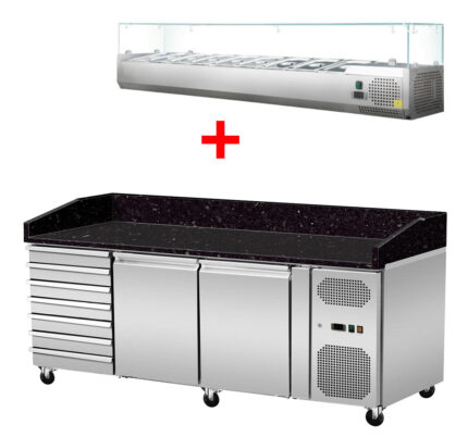 Pizza Kühltisch, Granit Star Galaxy schwarz, 2 Türen 7 ungek. Schubladen, 203 x 80 Kühlaufsatz GN1/3 mit Glas