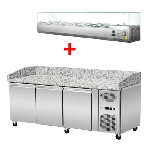Pizza Kühltisch, Granit rosa-grau, 3 Türen, 203 x 80 Kühlaufsatz GN1/4 mit Glas – Bild 1