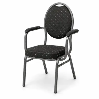 Konferenzstuhl Herman Grand mit schwarzer Polsterung, dekorativem Rautenmuster, Armlehnen und stabilem Metallgestell in Schrägansicht.