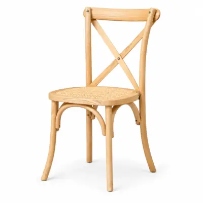 Hochzeitsstuhl CROSS-BACK HOLZ RATTAN Natur mit X-Rückenlehne und Rattansitz für Hochzeiten und Events