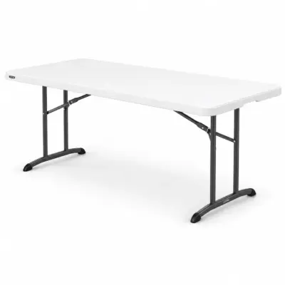 Klappbarer Catering-Tisch 80955 mit weißer Kunststofftischplatte und stabilem schwarzem Metallgestell in Schrägansicht.
