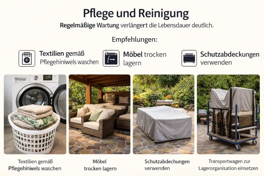Infografik zu Pflege und Reinigung von Gartenmöbeln und Textilien mit Empfehlungen wie Waschen gemäß Pflegehinweis, trocken lagern, Schutzabdeckungen nutzen und Transportwagen einsetzen.
