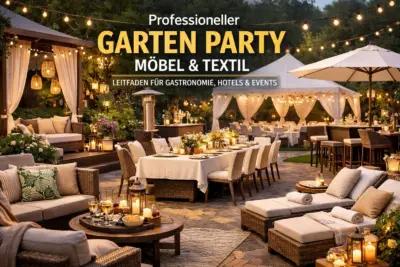 Professionelle Gartenparty-Location mit hochwertigen Outdoor-Möbeln, gedeckten Tischen, Pavillons und Textilien für Gastronomie, Hotels und Events bei Abendbeleuchtung.
