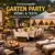 Professionelle Gartenparty-Location mit hochwertigen Outdoor-Möbeln, gedeckten Tischen, Pavillons und Textilien für Gastronomie, Hotels und Events bei Abendbeleuchtung.
