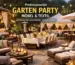 Professionelle Gartenparty-Location mit hochwertigen Outdoor-Möbeln, gedeckten Tischen, Pavillons und Textilien für Gastronomie, Hotels und Events bei Abendbeleuchtung.