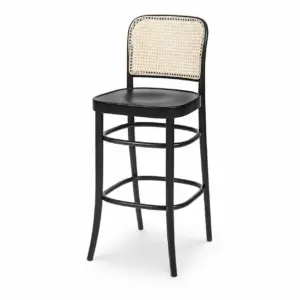 Bugholzstuhl Barhocker 811 Bar Rattan Schwarz mit Wiener Geflecht in Schrägansicht