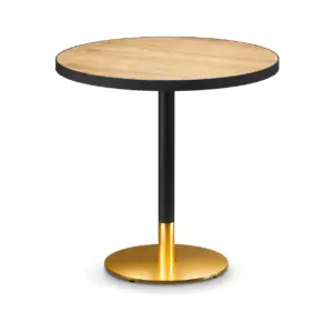 Cafétisch Omega rund mit Holzdekor-Tischplatte und goldenem Tischfuß für Gastronomie und Café