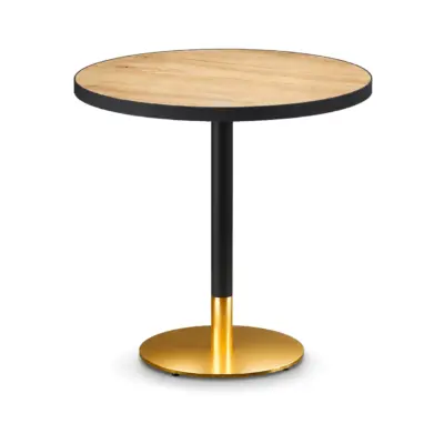 Cafétisch Omega rund mit Holzdekor-Tischplatte und goldenem Tischfuß für Gastronomie und Café