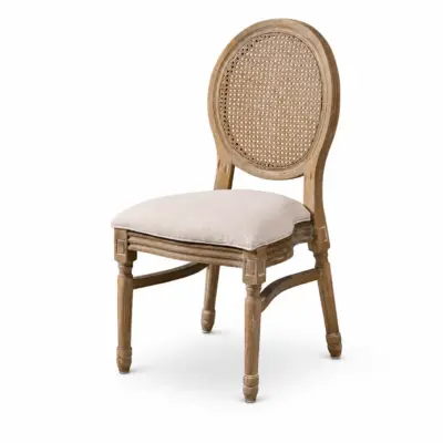 Hochzeitsstuhl Medalion aus Holz mit ovaler Rattan-Rückenlehne und gepolsterter Sitzfläche für Hochzeit und Events