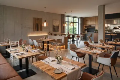 Stilvolle Restaurant Einrichtung mit verschiedenen Gastromöbeln wie massiven Holztischen, bequemen Polsterstühlen und modernen Stehtischen für ein ansprechendes Ambiente.