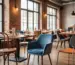 Moderne Gastronomie Einrichtung mit verschiedenen Stuhltypen wie Polsterstühlen und Holzstühlen für Restaurants und Cafés.