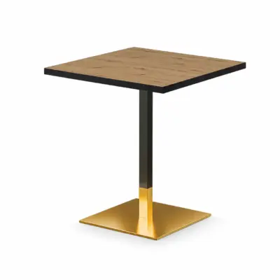 Cafétisch OMEGA 68x68 cm mit quadratischer Holzoptik-Tischplatte und modernem schwarz-goldenem Säulengestell