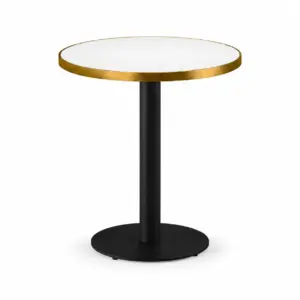 Cafétisch ALFA R Weiß mit runder Tischplatte, goldener Kante und schwarzem Mittelfußgestell