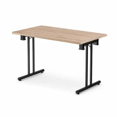 Konferenztisch FOLD BL mit rechteckiger Tischplatte in heller Holzoptik und klappbarem schwarzem Metallgestell
