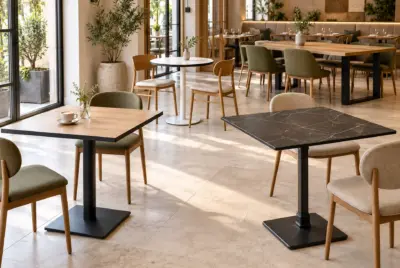 Restauranttische und Cafétische mit quadratischen und runden Tischplatten in Holzoptik, Weiß und schwarzer Marmoroptik in einem modernen Restaurant.