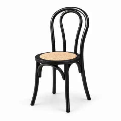 Stuhl Monet RT Wood Schwarz mit gebogenem Holzgestell und heller Rattan-Sitzfläche