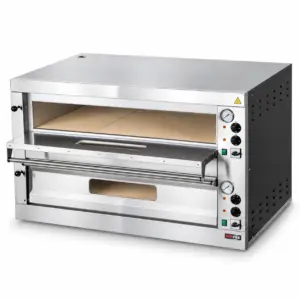 Pizzaofen REDFOX E 12 L mit zwei Backkammern, Edelstahlgehäuse, Temperaturanzeigen und separaten Bedienelementen für den professionellen Gastronomieeinsatz
